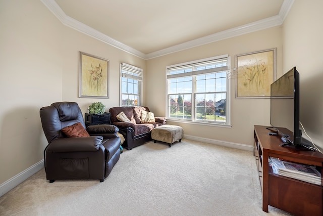 sitting room with light colored carpet and ornamental molding