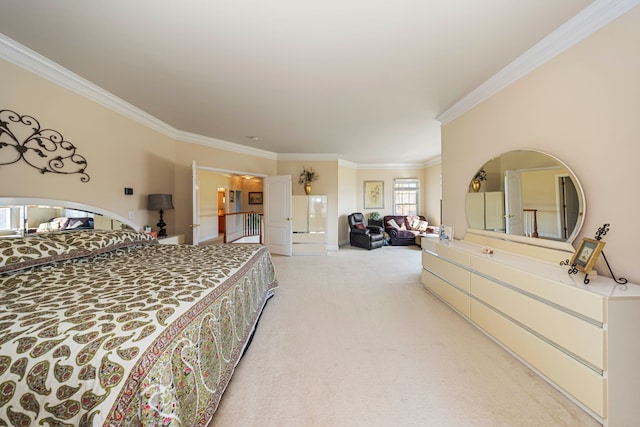 bedroom with light colored carpet and ornamental molding