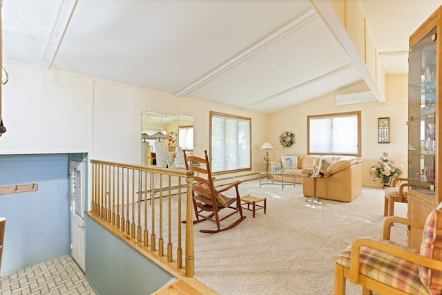 interior space with lofted ceiling with beams, light colored carpet, baseboard heating, and a wall unit AC