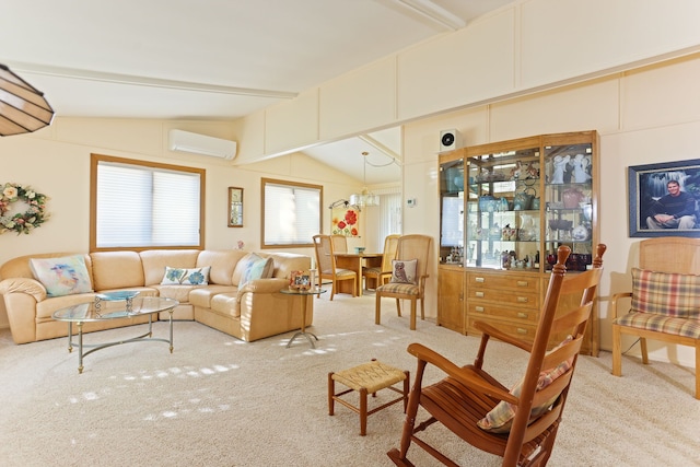 carpeted living room with a wall mounted air conditioner, lofted ceiling with beams, and a chandelier