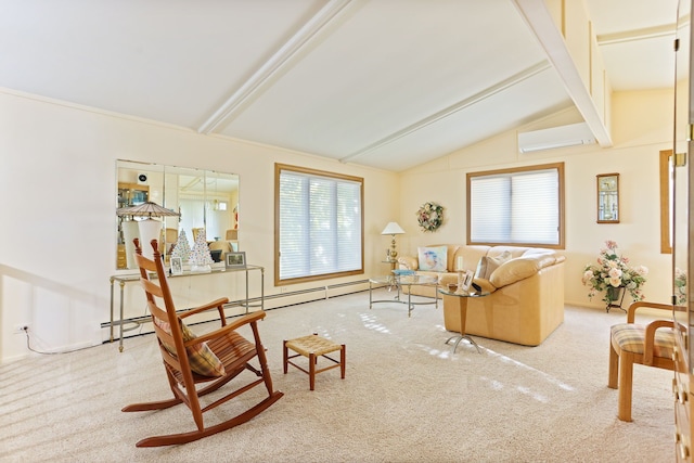 carpeted living room with lofted ceiling with beams, a wall unit AC, and a wealth of natural light