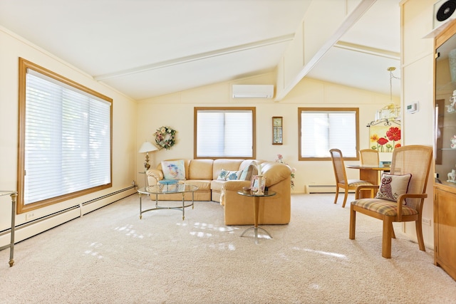 carpeted living room with vaulted ceiling with beams, an AC wall unit, and a baseboard heating unit