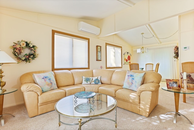 carpeted living room featuring an AC wall unit, lofted ceiling, and a notable chandelier