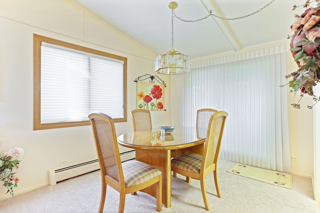 dining area with carpet, a baseboard heating unit, lofted ceiling, and an inviting chandelier