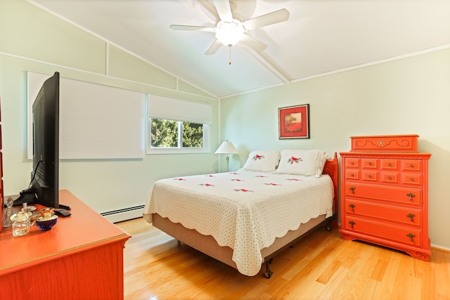 bedroom featuring hardwood / wood-style floors, a baseboard radiator, ceiling fan, and lofted ceiling