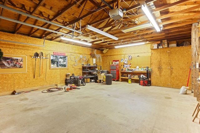 garage with a workshop area