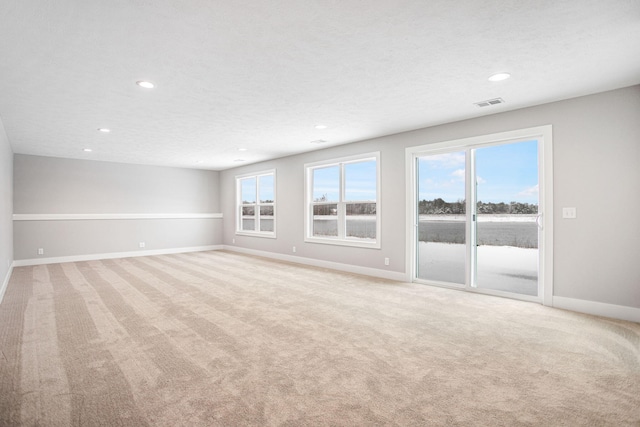 carpeted empty room with plenty of natural light and a textured ceiling