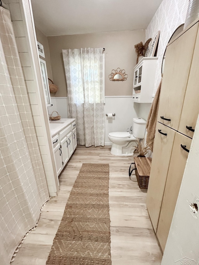 bathroom featuring hardwood / wood-style floors, vanity, and toilet