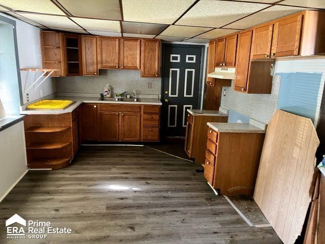 kitchen with a paneled ceiling, dark hardwood / wood-style floors, and sink