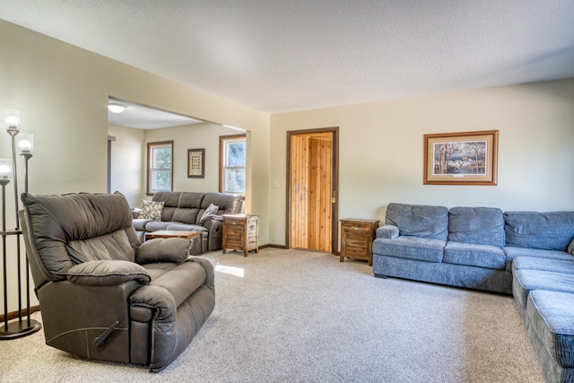 carpeted living room with a textured ceiling