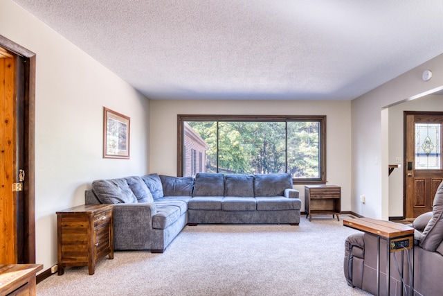 living room featuring a textured ceiling, carpet floors, and plenty of natural light