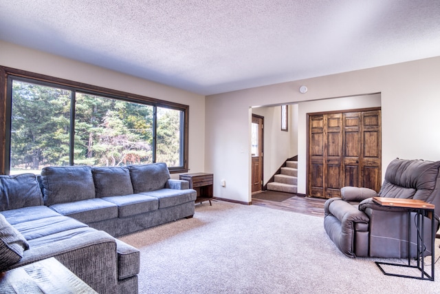 carpeted living room with a textured ceiling