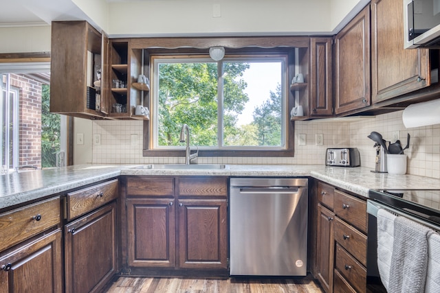 kitchen featuring light wood-type flooring, tasteful backsplash, dark brown cabinets, stainless steel appliances, and sink