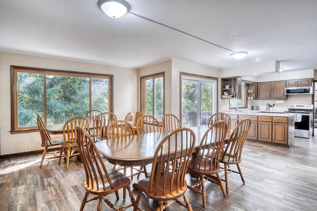 dining space featuring light wood-type flooring and plenty of natural light