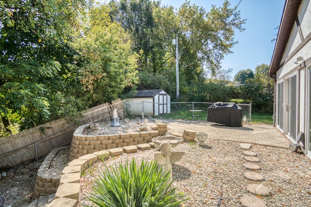 view of yard with a storage shed