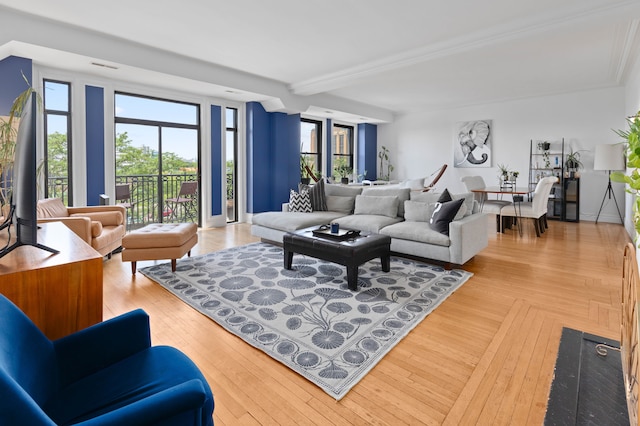 living room featuring light wood-type flooring and plenty of natural light