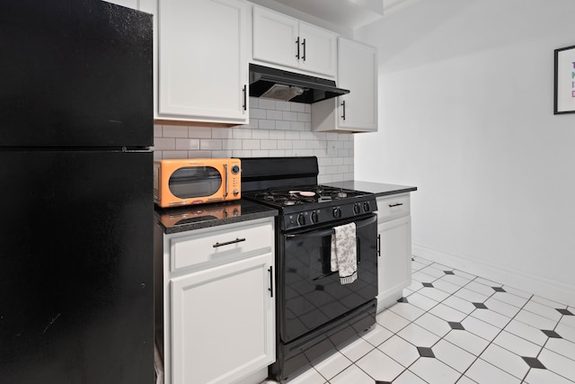 kitchen with backsplash, light tile patterned flooring, white cabinets, and black appliances