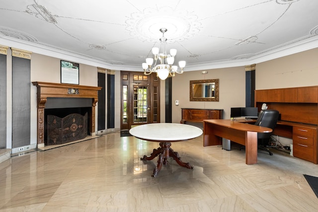 dining area featuring a fireplace, an inviting chandelier, and crown molding