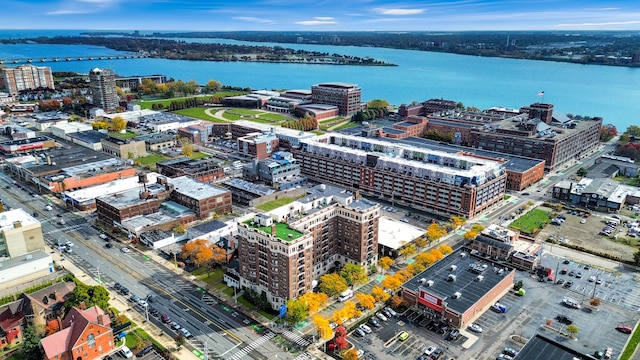 birds eye view of property featuring a water view