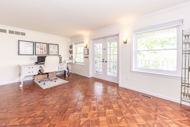 home office with crown molding, french doors, visible vents, and baseboards