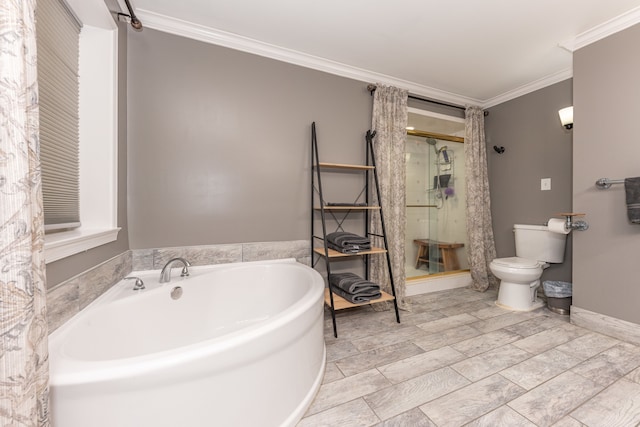 full bathroom with a stall shower, baseboards, toilet, crown molding, and a bath