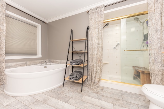 full bath featuring toilet, a stall shower, ornamental molding, and a bath