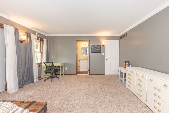 bedroom with carpet, crown molding, visible vents, ensuite bath, and baseboards