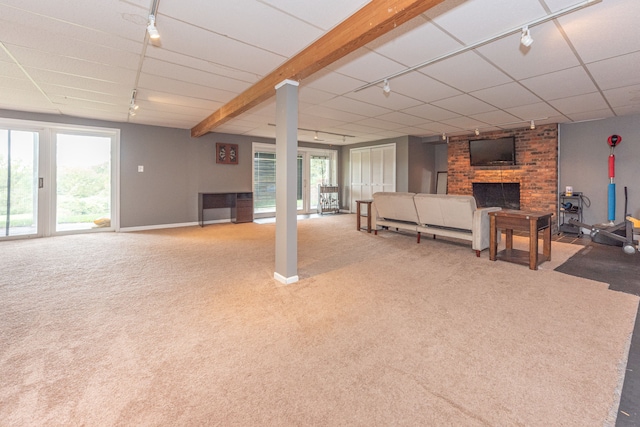 carpeted living room with rail lighting, a healthy amount of sunlight, a fireplace, and a paneled ceiling