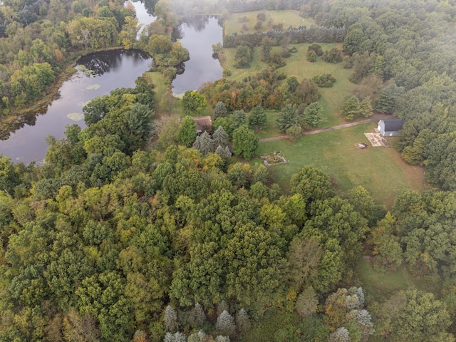 drone / aerial view with a water view and a wooded view