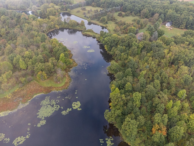 drone / aerial view featuring a water view and a view of trees