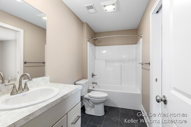 full bath with tile patterned flooring, toilet, shower / tub combination, vanity, and visible vents