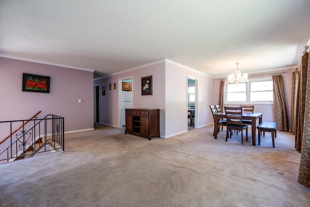 dining space with a chandelier, crown molding, and light carpet