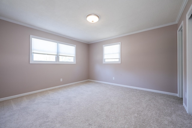 empty room with light carpet, crown molding, and a textured ceiling