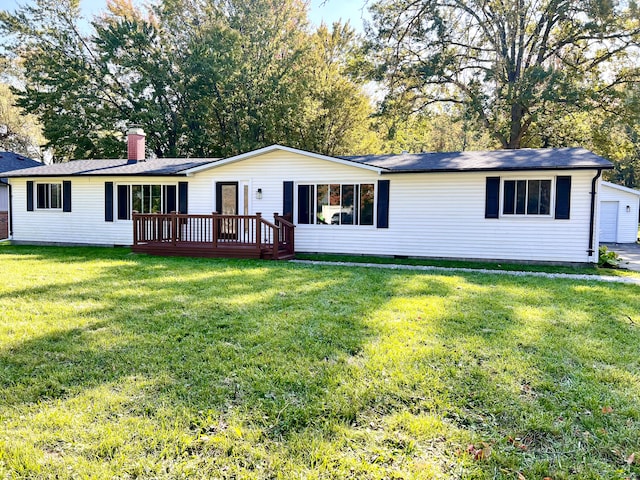 ranch-style house with a wooden deck and a front lawn