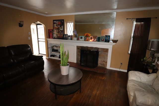 living room featuring crown molding and hardwood / wood-style flooring