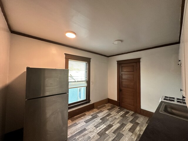 925 W Lovell St, Kalamazoo, MI 49007 - kitchen featuring freestanding refrigerator, dark wood-style flooring, ornamental molding, baseboards, and a sink