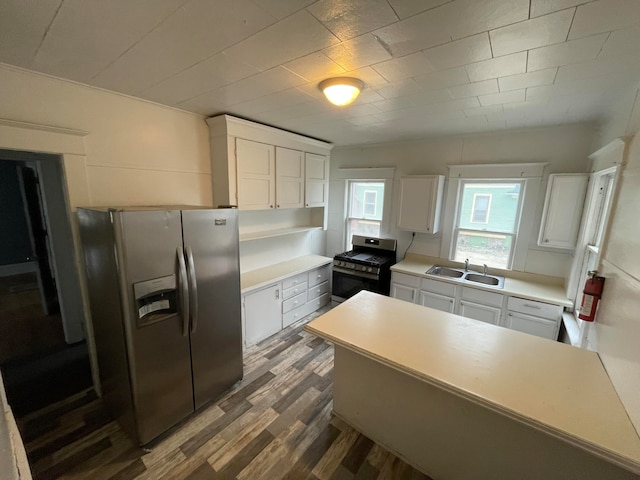 kitchen with dark hardwood / wood-style flooring, sink, white cabinetry, and stainless steel appliances