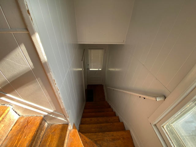 stairway with hardwood / wood-style flooring