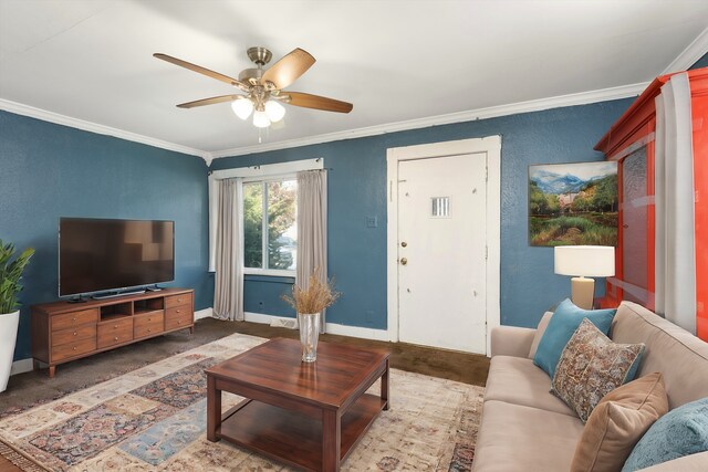 living room with ceiling fan and ornamental molding