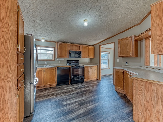 kitchen featuring a healthy amount of sunlight, dark wood-type flooring, black appliances, and lofted ceiling