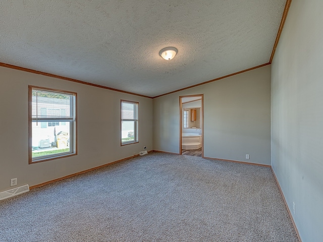 empty room with crown molding, carpet floors, and a textured ceiling