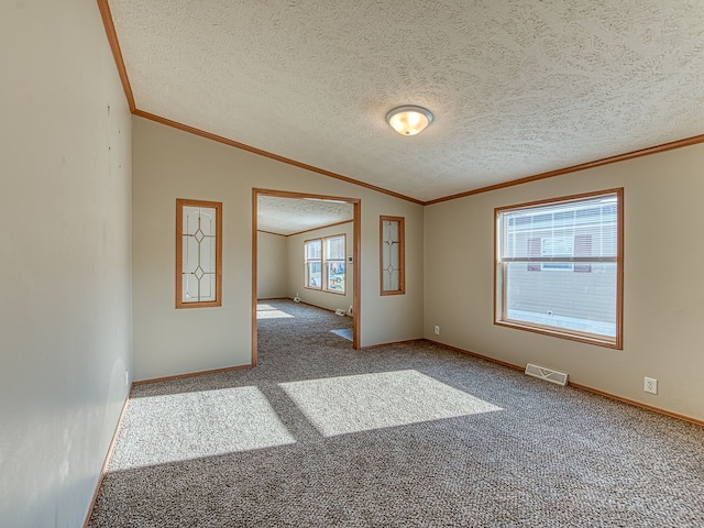 carpeted spare room featuring lofted ceiling, a textured ceiling, and ornamental molding