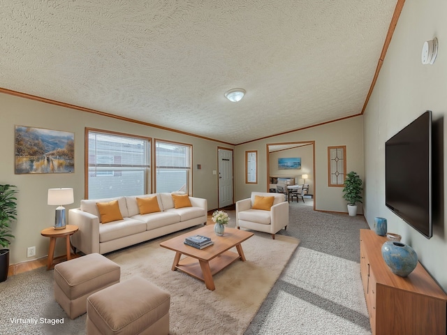 living room with light carpet, a textured ceiling, vaulted ceiling, and ornamental molding