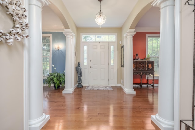 foyer with crown molding, plenty of natural light, and wood-type flooring