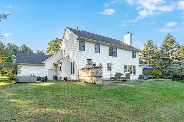 rear view of property with a patio, central AC unit, and a lawn