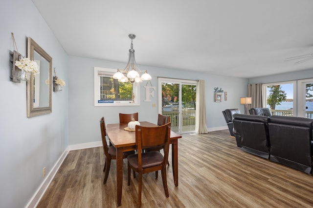 dining space with ceiling fan with notable chandelier, hardwood / wood-style flooring, and a healthy amount of sunlight