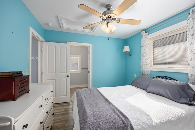 bedroom featuring ceiling fan and hardwood / wood-style flooring