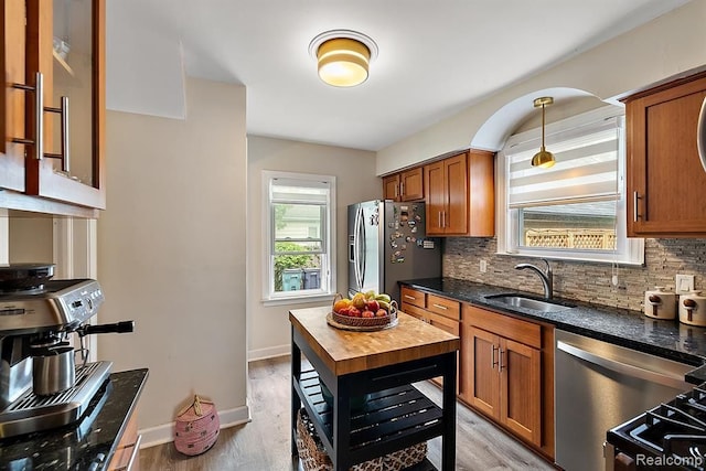 kitchen featuring appliances with stainless steel finishes, backsplash, light hardwood / wood-style floors, and sink