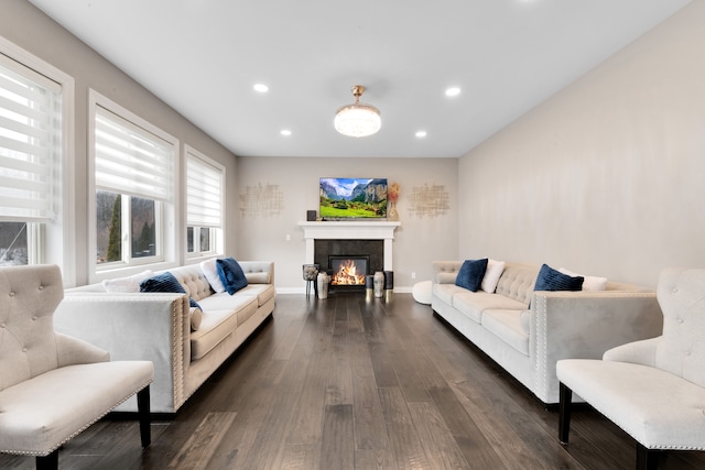 living room with baseboards, a glass covered fireplace, dark wood finished floors, and recessed lighting