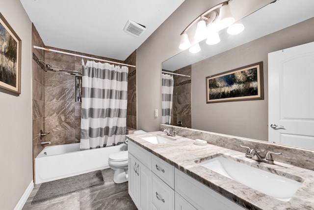 full bath featuring toilet, shower / bath combination with curtain, visible vents, and a sink